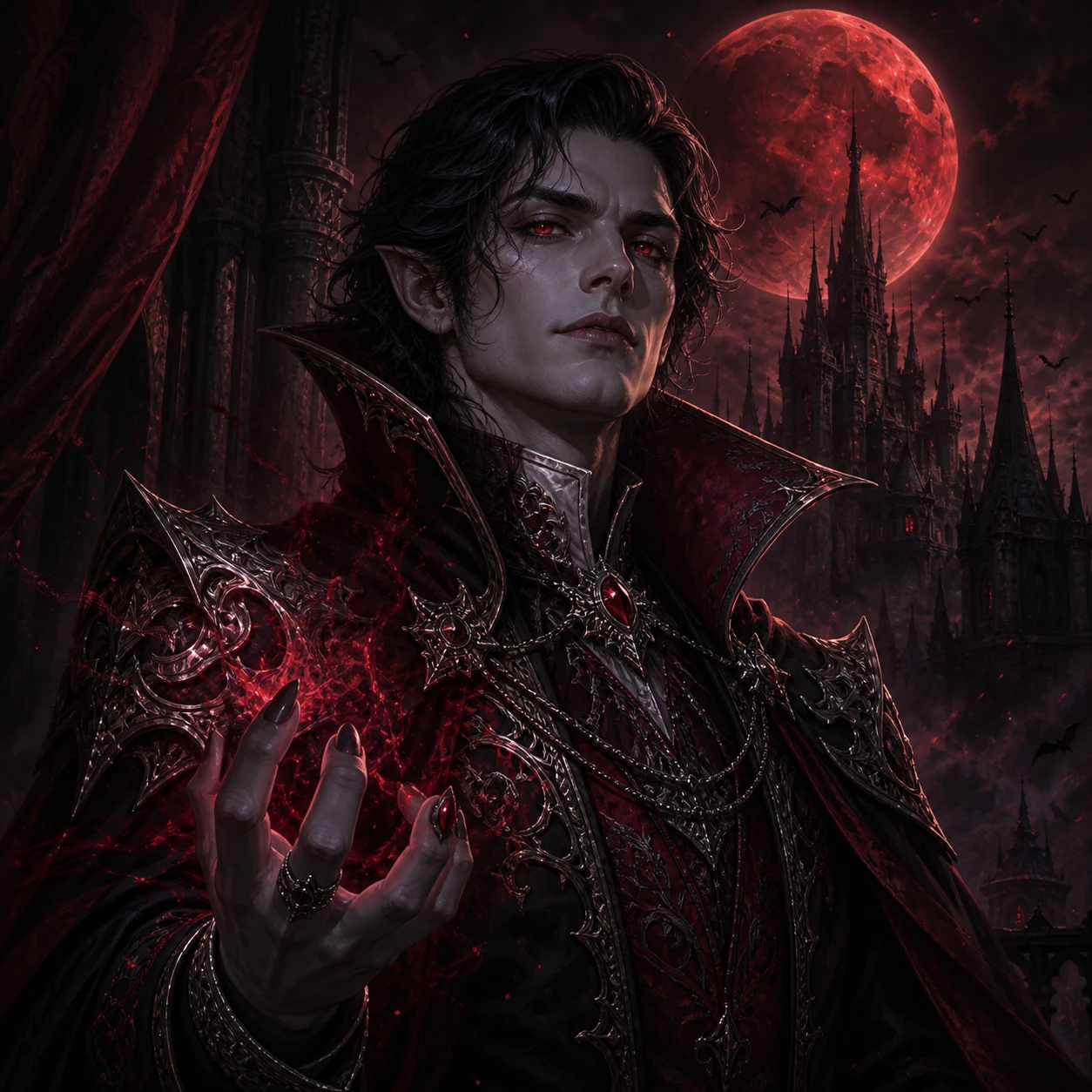 A vampire lord in ornate crimson armor beneath a blood moon