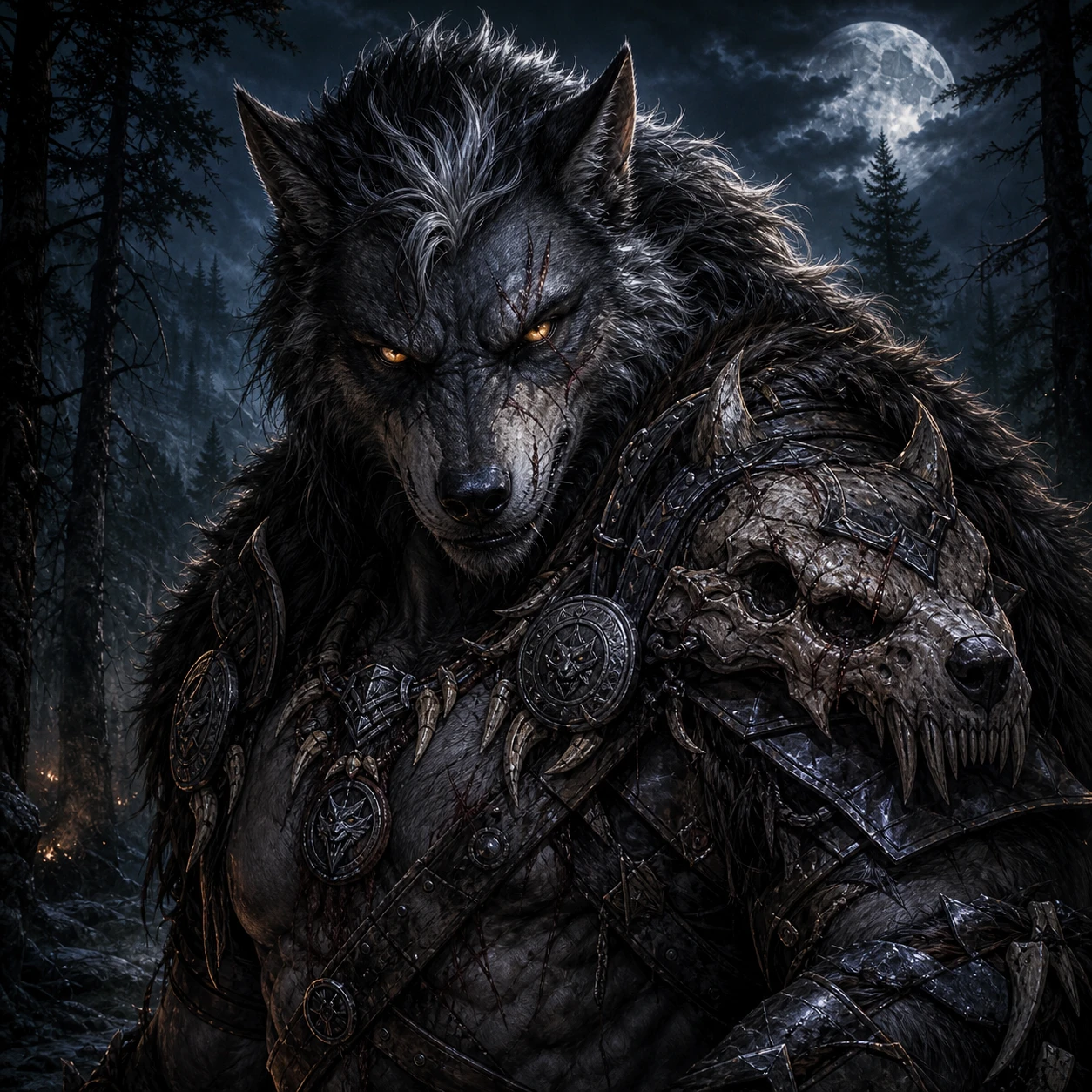 A battle-scarred werewolf warrior beneath a full moon in the forest