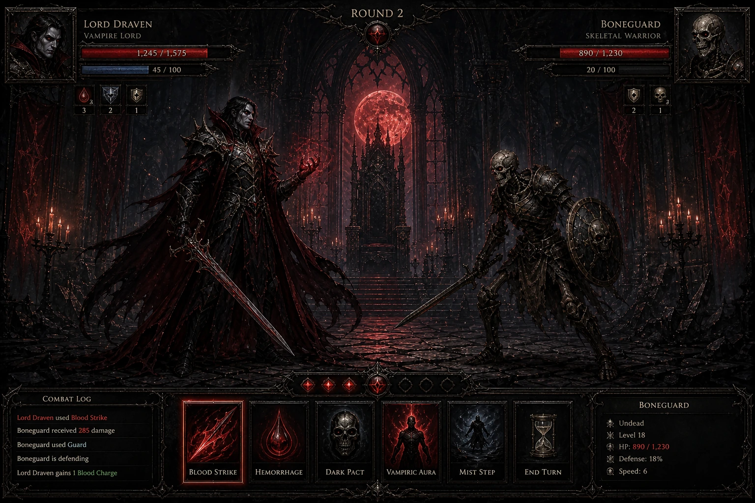 A vampire lord duels an undead skeletal warrior before a throne beneath a blood moon, in-game combat screen