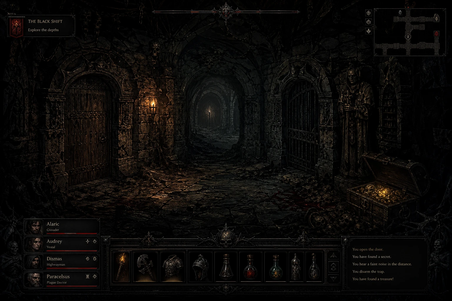 A torch-lit dungeon corridor deep beneath Aeternum, with a party of adventurers and a treasure chest, in-game exploration screen